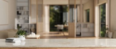 Arka planda bulanık İskandinav oturma odası olan mermer bir masanın üstüne alanı kopyala. 3d görüntüleme, 3d illüstrasyon