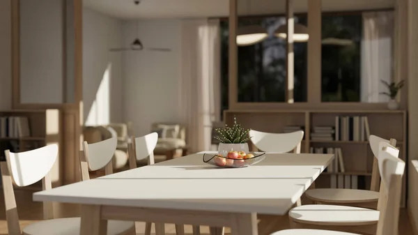Uma Mesa Jantar Branca Mínima Com Cadeiras Uma Acolhedora Sala — Fotografia de Stock