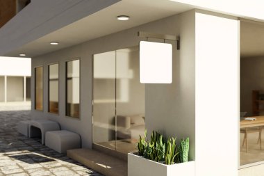 Modern, minimal bir kafe ya da dış tasarım. Boş, minimal bir tabela modeliyle. 3d görüntüleme, 3d illüstrasyon