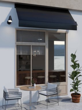 Modern minimalist bir kahve dükkanının ya da kafenin giriş kapısı. Minimum ahşap kapılı, beyaz bir duvar, açık bir masa ve 3D çizim, 3D resim.