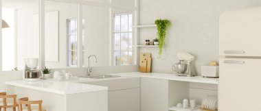 Beyaz tezgahı, dekorasyonu ve penceresi olan modern beyaz mutfak. 3d görüntüleme, 3d illüstrasyon