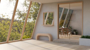 Minimalist bir İskandinav ofisinin iç tasarımı ya da büyük cam bir pencere duvarı, parke zemin ve dekorlu binanın kafeterya ortak çalışma alanı kapısı. 3d görüntüleme, 3d illüstrasyon