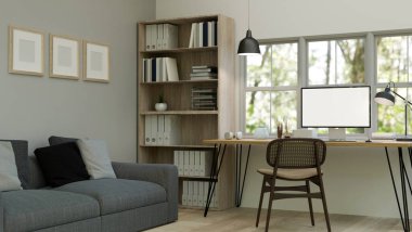 Modern bir özel ofis ya da iç mimari tasarım. Masasında bir bilgisayar modeli, ahşap bir kitaplık, rahat bir kanepe ve dekor. 3d görüntüleme, 3d illüstrasyon