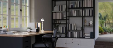 Penceresinde aksesuarları, kitaplığı ve koltuğu olan bir çalışma masası olan modern bir ev ofisinin iç tasarımı. 3d görüntüleme, 3d illüstrasyon