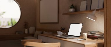 Arka manzara, İskandinav yatak odasındaki ahşap çalışma masasında boş bir dizüstü bilgisayarın yakın çekim görüntüsü. Ev işyeri konsepti. 3d görüntüleme, 3d illüstrasyon