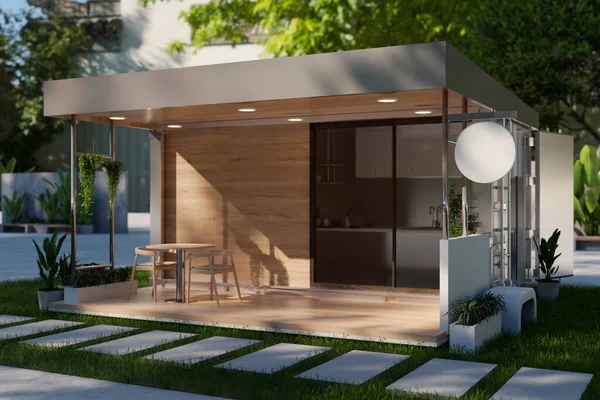 Exterior design of a small minimalist street cafe or restaurant with outdoor seating area, a green garden, and walkway. 3d render, 3d illustration