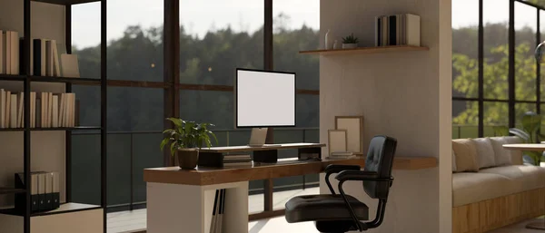 A white screen computer mockup on a desk in a modern, contemporary spacious home office or private office room. Workspace concept. 3d render, 3d illustration