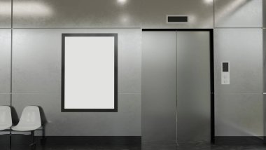 Modern bir bina koridorunda asansörle grafik reklamlarınızı sergilemek için boş bir dikey poster modeli. Modern asansör salonu, yolcu asansörü, asansörlü lobi. 3d görüntüleme, 3d illüstrasyon