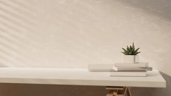 Empty space for displaying your product on a white table against the white wall indoors. An office desk, a study table, a work table, minimalist workspace. 3d render, 3d illustration
