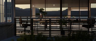Geceleri binanın dışındaki cam duvardan görülebilen hiç kimsenin olmadığı modern bir ofis. 3d görüntüleme, 3d illüstrasyon
