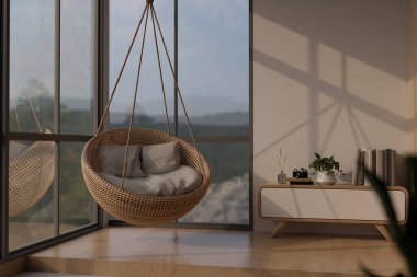 Modern İskandinav oturma odasının tavanında asılı olan rahat bir hasır koltuk. 3d görüntüleme, 3d illüstrasyon