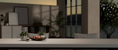 Modern bir odada, saksı bitkileri, kahve fincanı ve elma tepsisi olan beyaz bir masanın üstündeki ürün sergisi için alanı kopyala. Görüntüyü yaklaştır. 3d görüntüleme, 3d illüstrasyon