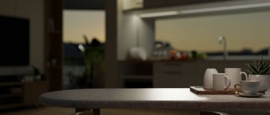 Yemek masasının üzerindeki bir fotokopi masasının yakın plan görüntüsü. Bardak tepsisi ve akşamları modern bir mutfakta saksı bitkisi. 3d görüntüleme, 3d illüstrasyon