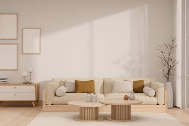 Rahat bir İskandinav oturma odasının iç tasarımı yastıklı rahat bir kanepe, halının üzerinde bir sehpa, bir çekmece, beyaz duvarda çerçeveler ve parke zemin. 3d görüntüleme, 3d illüstrasyon