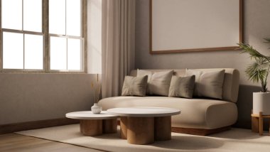 Modern İskandinav oturma odasının iç tasarımı rahat bir kanepe, minimum bir sehpa, bir pencere ve beyaz bir duvarda boş bir çerçeve modeli. 3d görüntüleme, 3d illüstrasyon