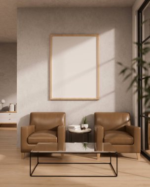 Kahverengi deri koltuklu modern bir oturma odasının iç tasarımı, parke zemininde modern bir sehpa, beyaz duvarda boş bir çerçeve modeli ve dekor. 3d görüntüleme, 3d illüstrasyon