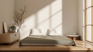 Minimalist bir Japon yatak odası iç tasarımı, ahşap zeminde rahat bir yatak, ahşap bir çekmece, çiçekli büyük bir vazo, beyaz bir duvar ve bir pencere. 3d görüntüleme, 3d illüstrasyon