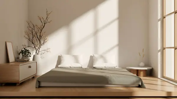 Widok Przodu Minimalistycznego Japońskiego Wnętrza Sypialni Wygodnym Łóżkiem Drewnianej Podłodze — Zdjęcie stockowe