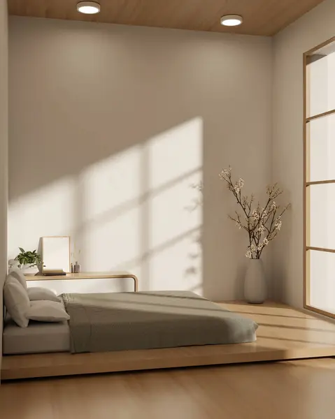 Side View Minimalist Japanese Bedroom Interior Design Comfy Bed Wooden — Stock Photo, Image