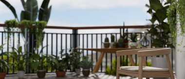 Balkonda ahşap bir koltuk ve bahçesinde çeşitli bitkiler var. Evde balkon, evde dinlenme alanı. 3d görüntüleme, 3d illüstrasyon