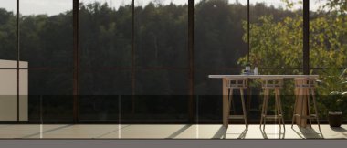 Binada modern bir koridorun iç tasarımı. Büyük cam duvara karşı, doğa manzaralı bir masa. 3d görüntüleme, 3d illüstrasyon