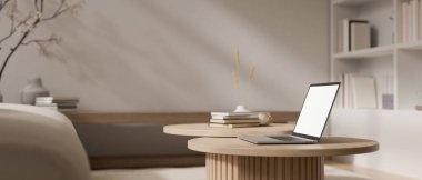 İskandinav oturma odasındaki minimum ahşap sehpada beyaz ekran dizüstü bilgisayar modeli. Ev işi konsepti. 3d görüntüleme, 3d illüstrasyon