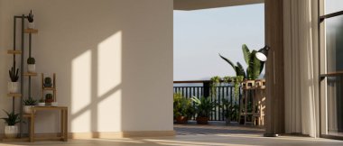 Balkonunda bahçesi olan modern geniş bir oturma odasının iç tasarımı. İç mekan konsepti. 3d görüntüleme, 3d illüstrasyon