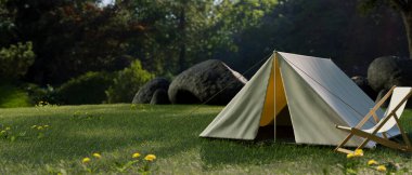 Güzel yeşil bir ormanda bir çadır ve bir şezlong. Kamp ya da kamp ateşi konsepti. 3d görüntüleme, 3d illüstrasyon