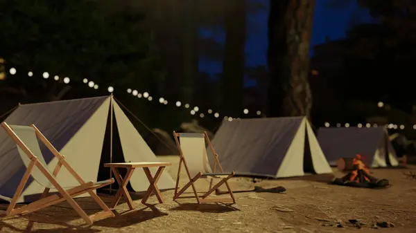 A campfire or campground in the jungle at night with tents, deck chairs, and a bonfire. 3d render, 3d illustration
