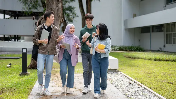 A group of cheerful, diverse Asian university students are enjoying talking while walking down the footpath in the campus park together. University life, friendship and education