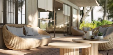 Copy space on a wooden coffee table on a beautiful deck with comfortable wicker sofa and a beautiful nature view. Hotel or restaurant outdoor lounge. 3d render, 3d illustration clipart
