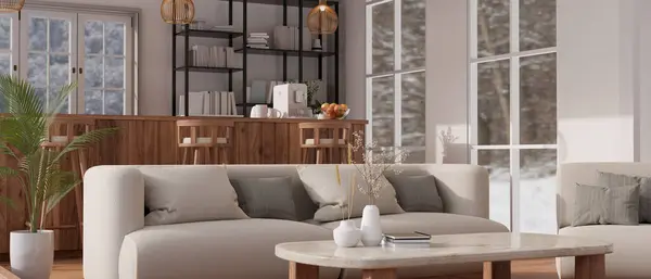 Interior design of a luxury modern living room with a cosy couch, a coffee table, a wooden counter bar and stools in the back, a bookshelf, and accessories. 3d render, 3d illustration