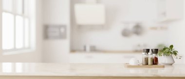 Modern beyaz bir mutfağın bulanık arka planına sahip lüks beyaz mutfak tezgahında boş bir fotokopi alanı. Mutfak adası, mutfak tezgahı. 3d görüntüleme, 3d illüstrasyon