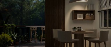 Modern bir yemek odası, modern bir kolye ışığı altında yemek masası ve gece manzarası olan bir balkon. 3d görüntüleme, 3d illüstrasyon