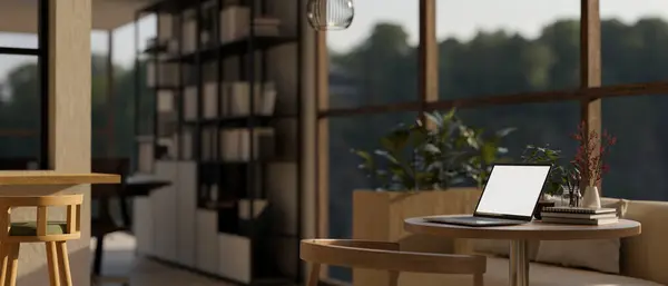在现代舒适的咖啡馆或休息厅的桌上放有配件的白屏笔记本电脑模型 工作空间概念 3D渲染 3D说明 — 图库照片