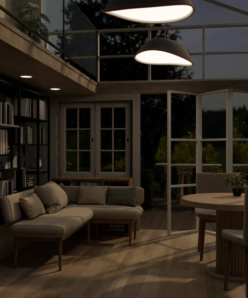A beautiful, Scandinavian living room at night with a cosy sofa, a dining table, bookshelf, modern pendant lights, glass ceiling and window, and deck with garden. 3d render, 3d illustration