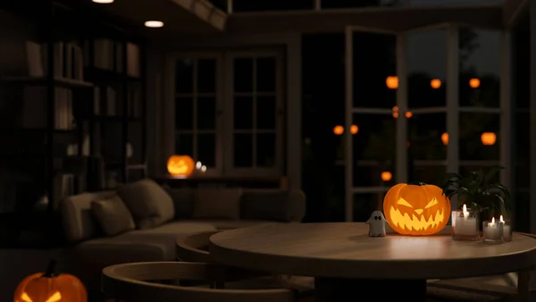 Copy space on a table with a scary pumpkin lamp, candles, and accessories in a modern dark living room at night on a Halloween. 3d render, 3d illustration