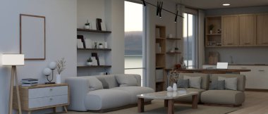 Geniş, modern, minimalist bir oturma odasının iç tasarımı rahat beyaz bir kanepe, bir sehpa, bir zemin lambası, bir çekmece ve arkasında mutfak pişirme alanı. 3d görüntüleme, 3d illüstrasyon