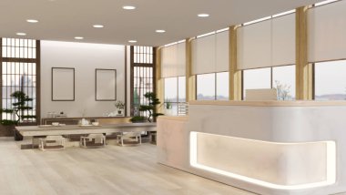 Modern, lüks bir Japon restoranının iç tasarımı, kasiyer tezgahı, parke zemininde geleneksel bir Japon yemek masası, bonsai ağaçları ve dekor. 3d görüntüleme, 3d illüstrasyon