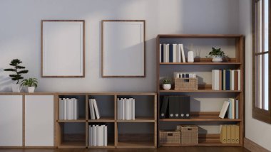 Kitaplıklı, minimalist beyaz bir odanın iç tasarımı, beyaz duvardaki çerçeveler, parke zemin ve saksı bitkileri. 3d görüntüleme, 3d illüstrasyon