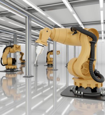 Modern robot kolları ya da yüksek teknolojili bir fabrikada mekanik kollar. Dijital üretim operasyonu. Endüstriyel makine, akıllı fabrika endüstrisi. 3d görüntüleme, 3d illüstrasyon
