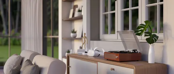 A vintage classic record player or vinyl player on a minimal wooden drawer in a modern and comfortable living room. close-up side view image. 3d render, 3d illustration