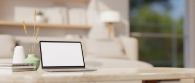 Ev çalışma alanı, modern beyaz oturma odasındaki lüks mermer kahve masasının beyaz ekran dizüstü bilgisayarı. 3d görüntüleme, 3d illüstrasyon