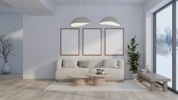 Interior design of a modern spacious living room with a couch, a coffee table, modern pendant lights, frames mockup on the white wall, parquet floor, and houseplants. 3d render, 3d illustration