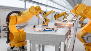 Robot kollar, modern bir fabrikada devre kartlarını üretim bandında veya taşıyıcıda birleştiriyor. Otomatik üretim, devre kartında bileşen kurulumu. 3d görüntüleme, 3d illüstrasyon