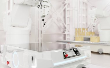 Ürününüzü otomatik pena ve yer makinesi olan bir makinede göstermek için alanı kopyalayın. Elektronik üretim ekipmanları, modern fabrika. 3d görüntüleme, 3d illüstrasyon