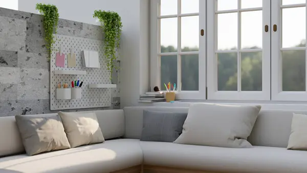 A comfortable corner couch against the wall and window in a modern white living room. 3d render, 3d illustration