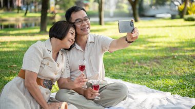 Güzel son sınıf Asyalı çift hafta sonu yeşil parkta piknik yaparken şarap içip selfie çekiyorlar. Mutlu evlilik kavramı