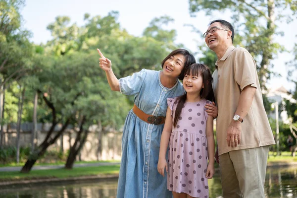 Kind and happy Asian grandparents are having fun with their granddaughter, strolling around the public park on a bright day together. Happy family, family bonding