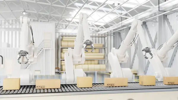 A modern distribution warehouse with modern robot arms and cardboard boxes on a conveyor belt. Modern cargo freight transportation industrial. 3d render, 3d illustration